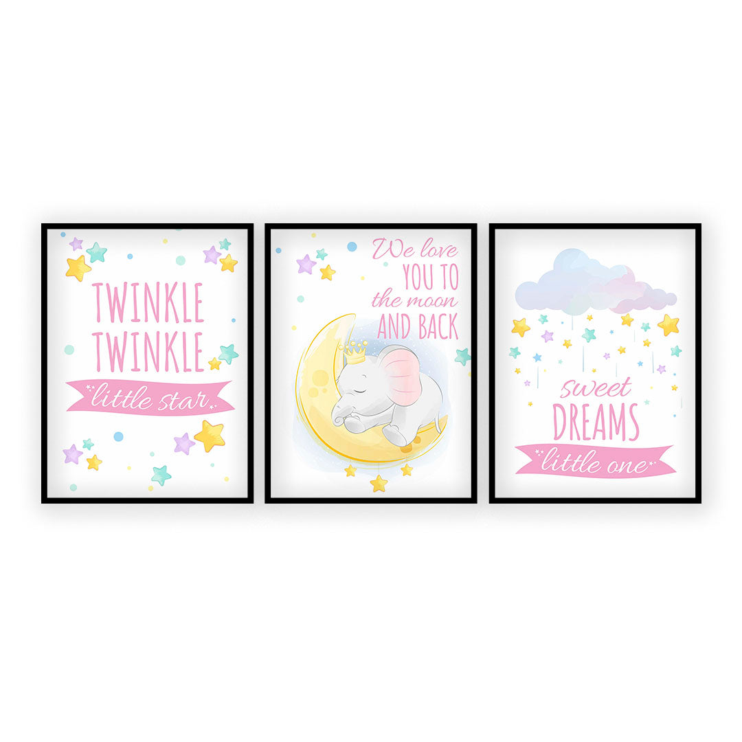 Set of 3 Star Prints - Twinkle Twinkle Little Star (Pink) - Unframed