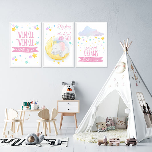 Set of 3 Star Prints - Twinkle Twinkle Little Star (Pink) - Unframed