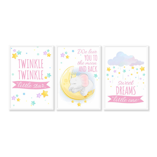 Set of 3 Star Prints - Twinkle Twinkle Little Star (Pink) - Framed