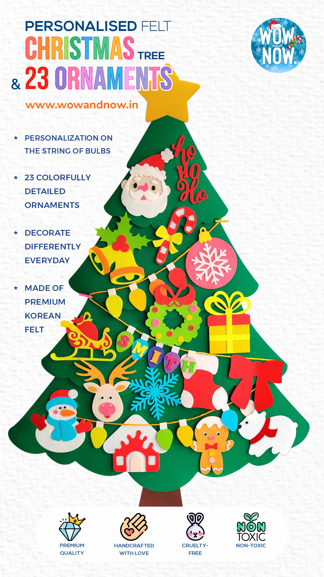 Personalized Felt Christmas Tree with 23 Colorful Felt Ornaments - Montessori Inspired