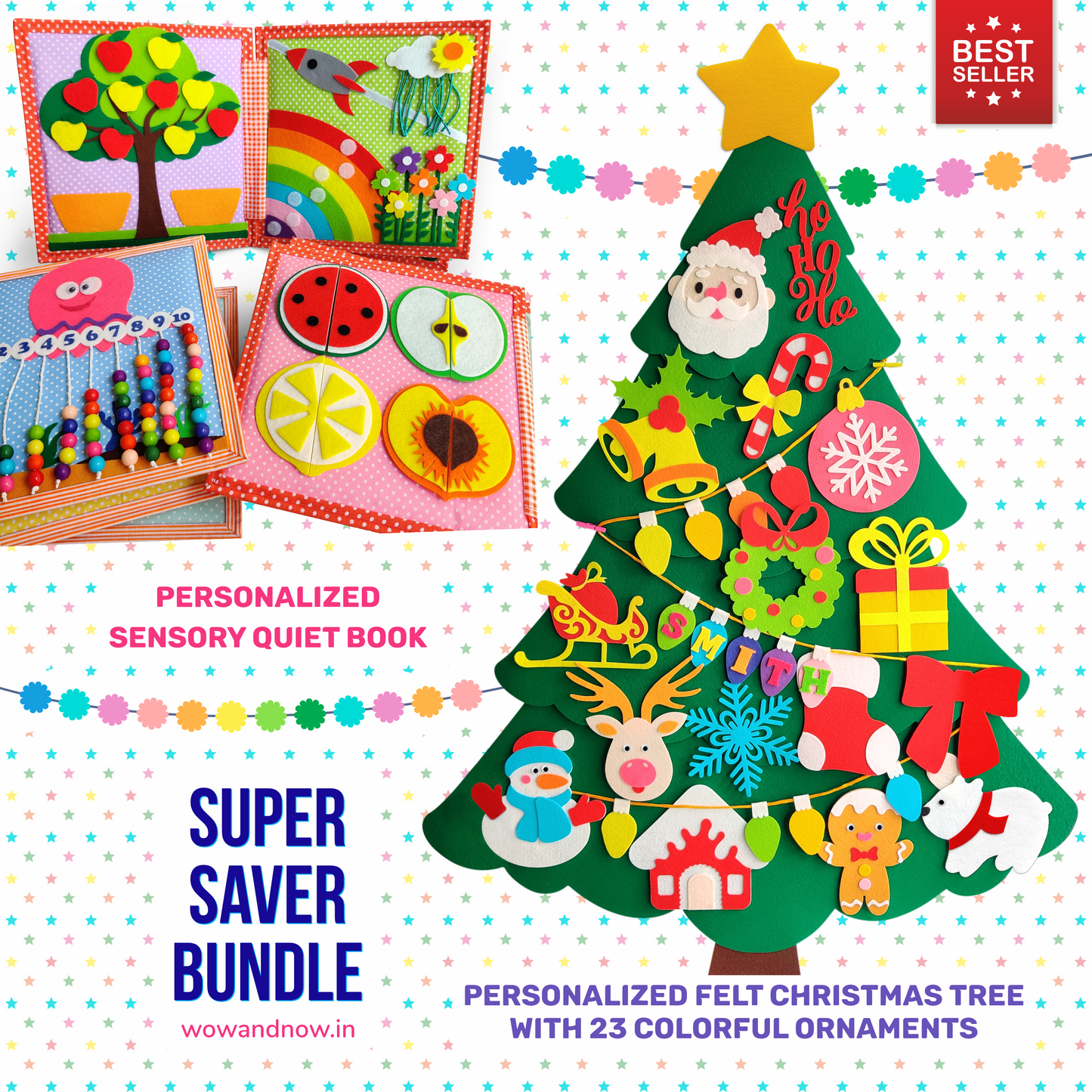 Personalized Peek-a-Boo Animal Safari Sensory Quiet Book + Personalized Felt Christmas Tree with 23 Colorful Ornaments