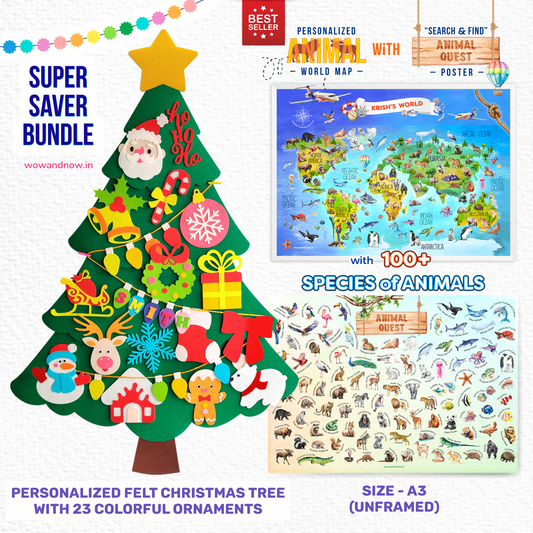 Personalized Felt Christmas Tree with 23 Colorful Ornaments + Personalized Animal Safari World Map with A3 Animal Quest Poster