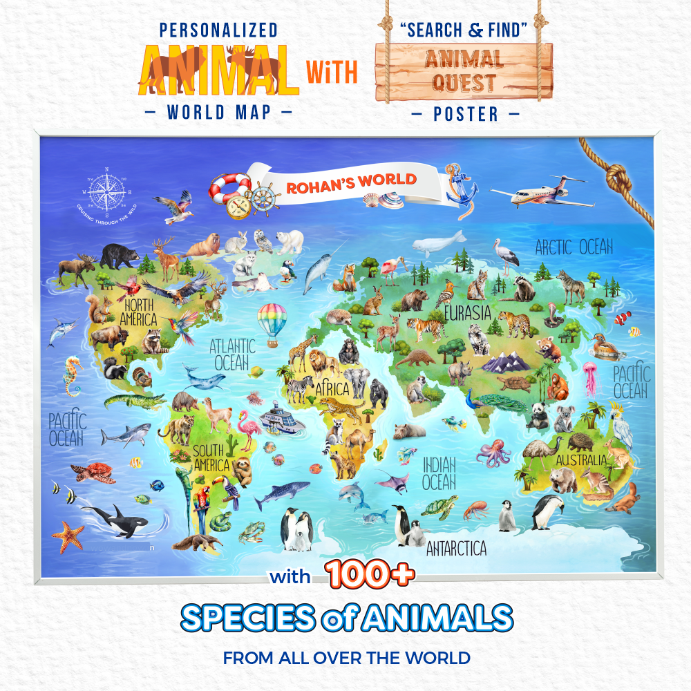 Personalized Animal World Map Wall Art with The Animal Quest Poster