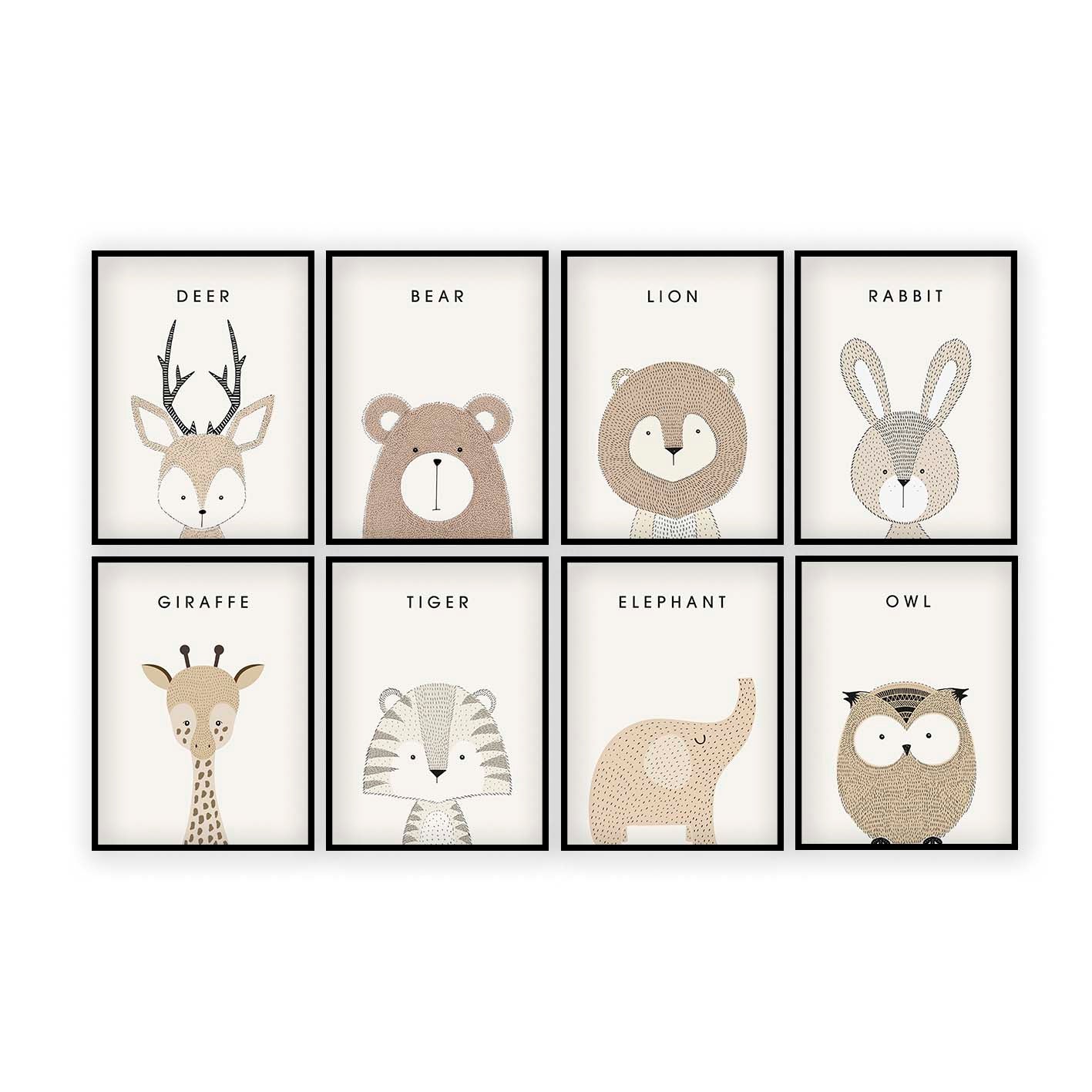 Set of 8 - Nursery Woodland Animals Print (Unframed)