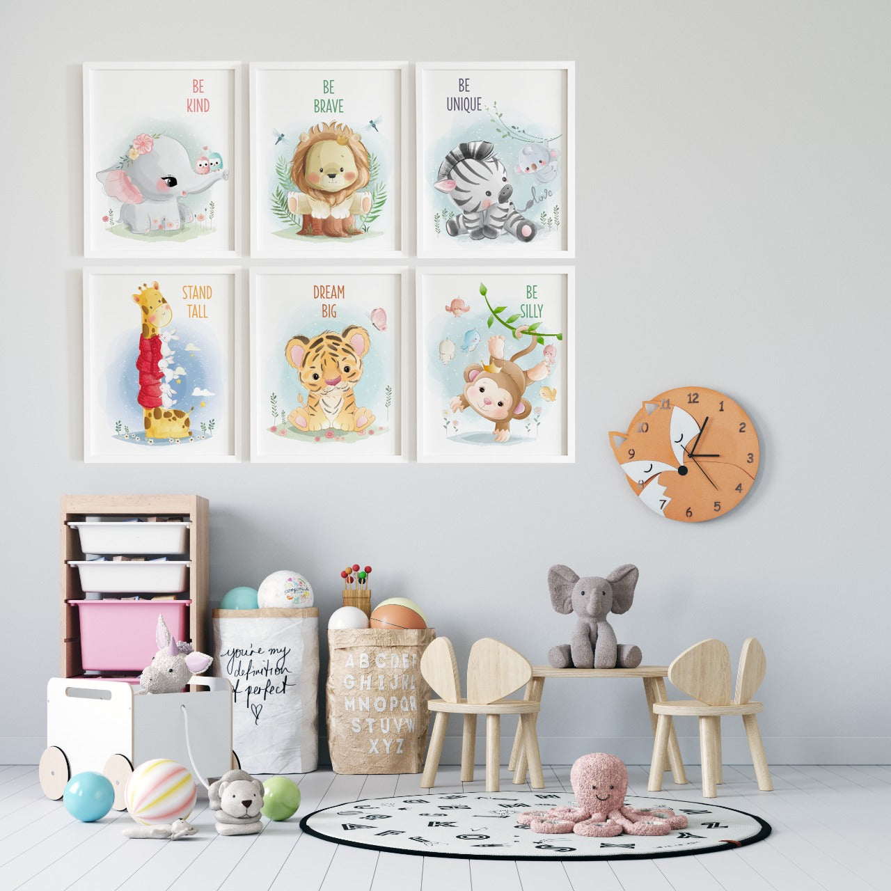 Set of 6 - Watercolor Nursery Safari Animals Prints (Framed)