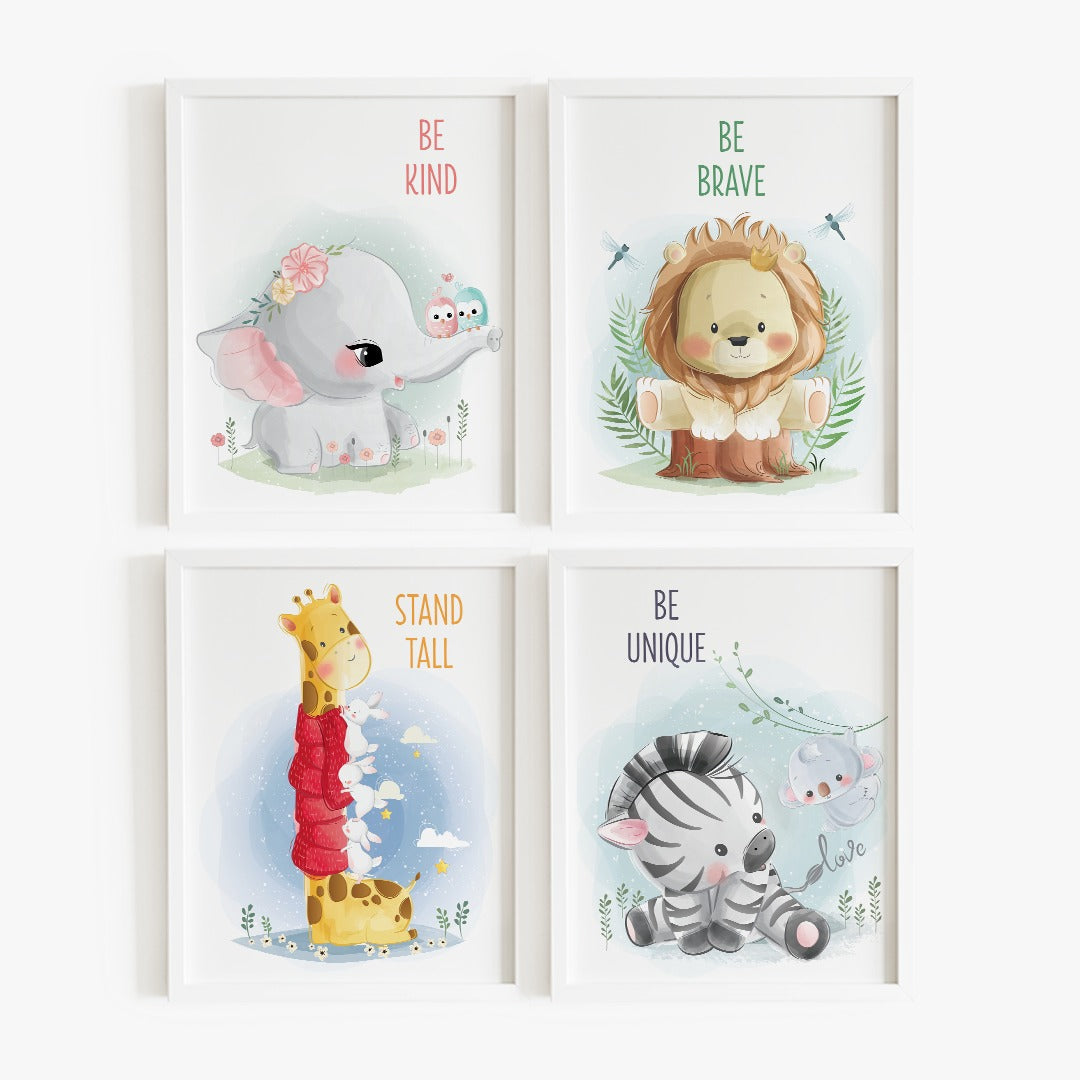 Personalized Color Pop Sensory Quiet Book + UNFRAMED - Set of 4 Watercolor Nursery Animal Safari Prints