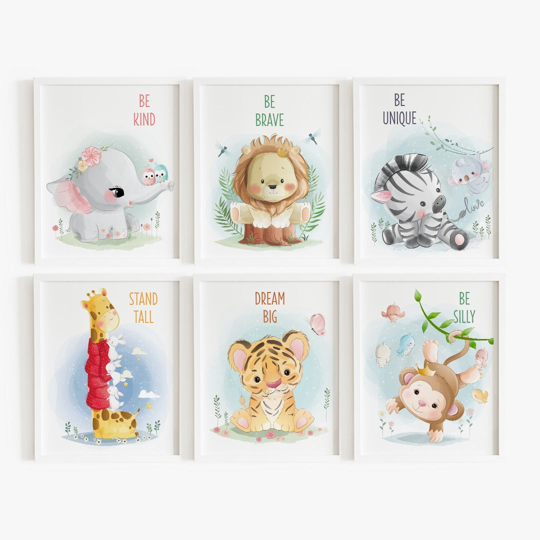 Personalized Peek-a-Boo Animal Safari Sensory Quiet Book + UNFRAMED - Set of 6 Watercolor Nursery Animals Safari Prints