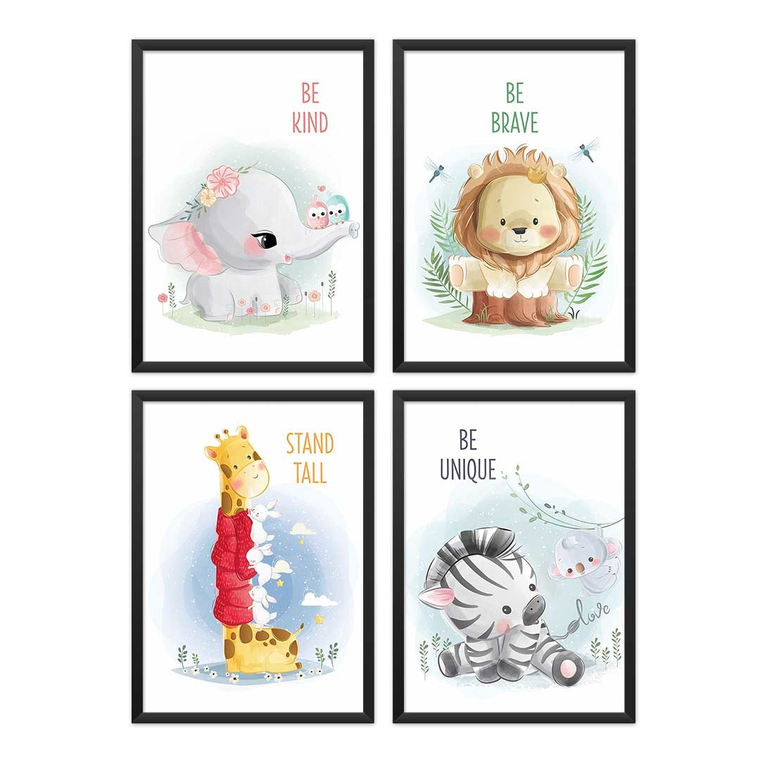 Set of 4 - Watercolor Nursery Safari Animals Prints (Framed)