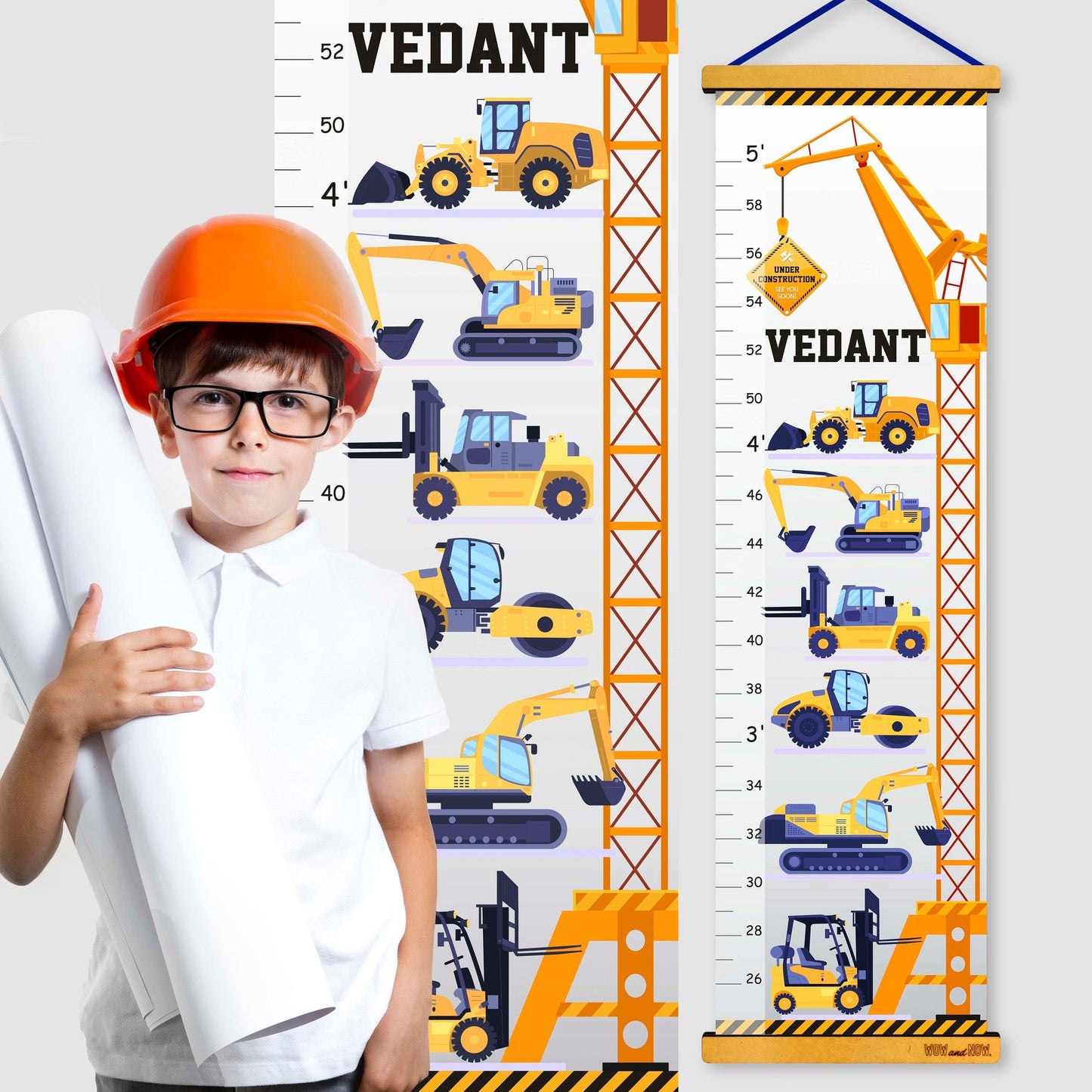 Construction Vehicles - Personalized Wall Growth Height Chart Tracker