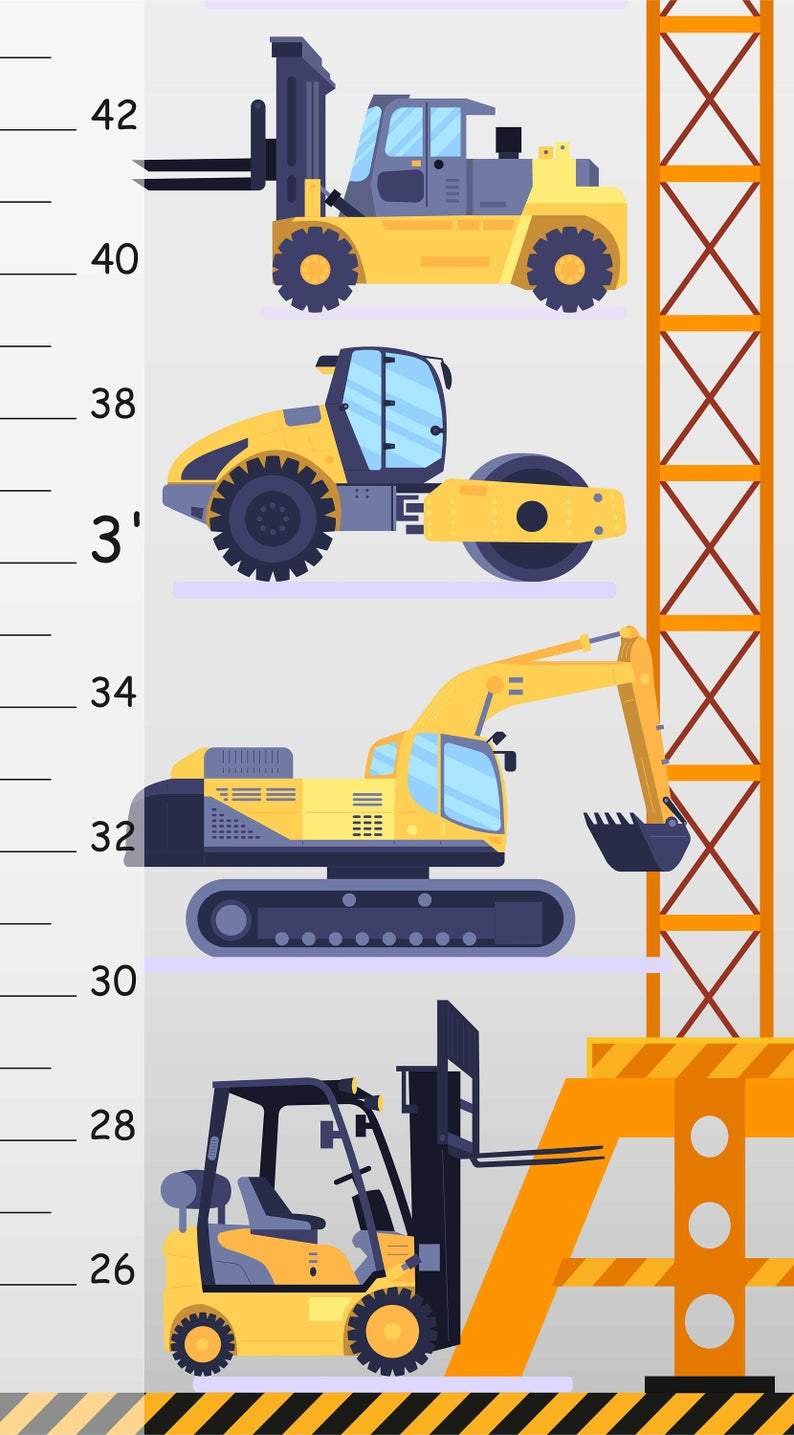 Construction Vehicles - Personalized Wall Growth Height Chart Tracker