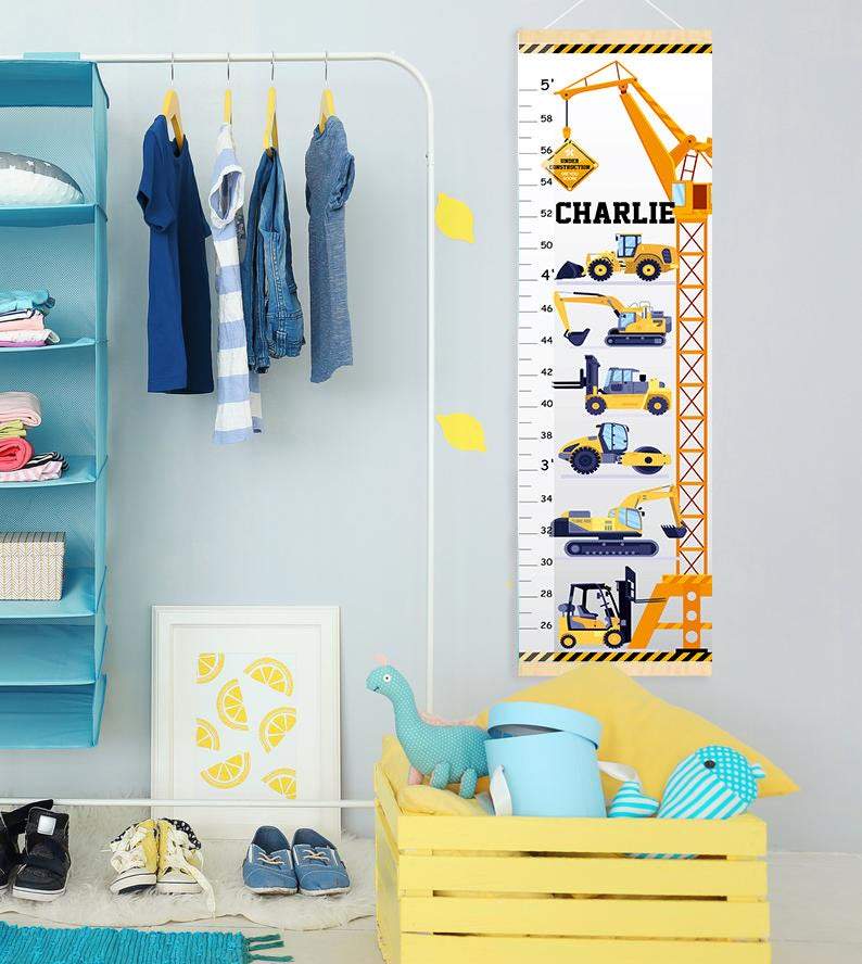 Construction Vehicles - Personalized Wall Growth Height Chart Tracker