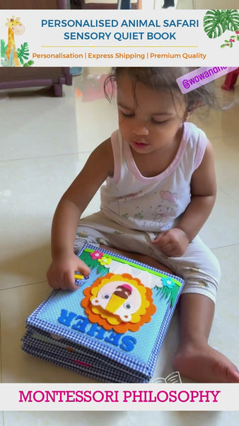 Load and play video in Gallery viewer, Montessori Inspired Animal Safari Sensory Quiet Book - Personalized (Zuba - The Lion)
