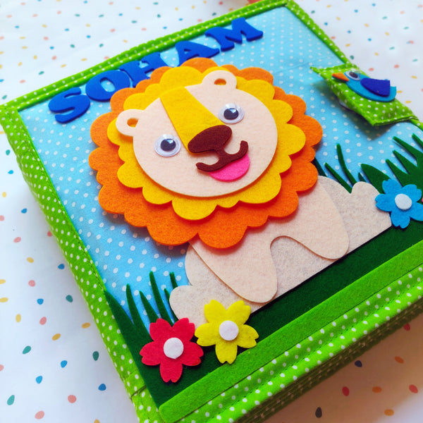 Load image into Gallery viewer, Montessori Inspired Animal Safari Sensory Quiet Book - Personalized (Zuba - The Lion)
